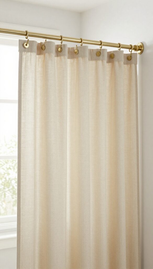 Double shower curtain rod with decorative brushed brass hooks holding a beige fabric curtain and white liner in a bright bathroom.