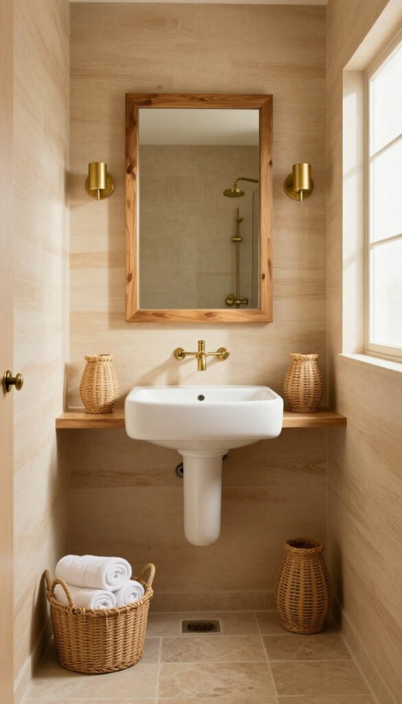 Safari shower with warm sconces and lantern lighting