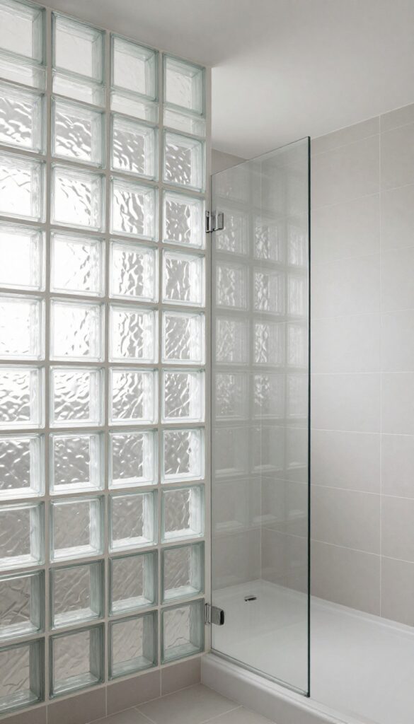 Modern bathroom shower with glass block accent wall letting in soft light