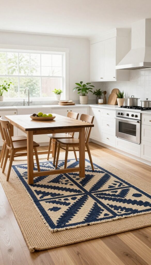 Layered kitchen rugs: neutral jute mat under patterned flatweave rug