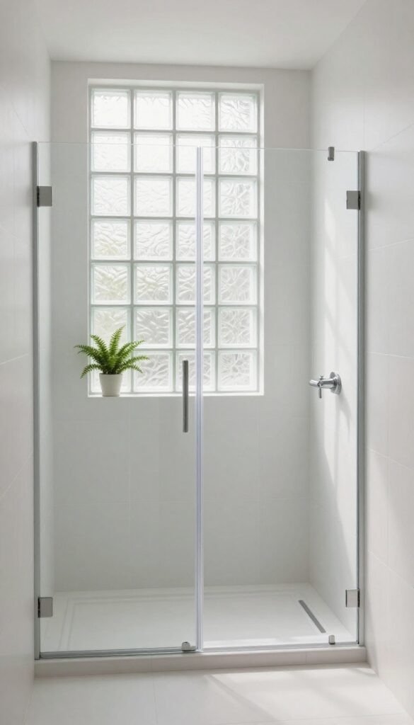 Small bathroom shower with frosted glass block window letting in natural light