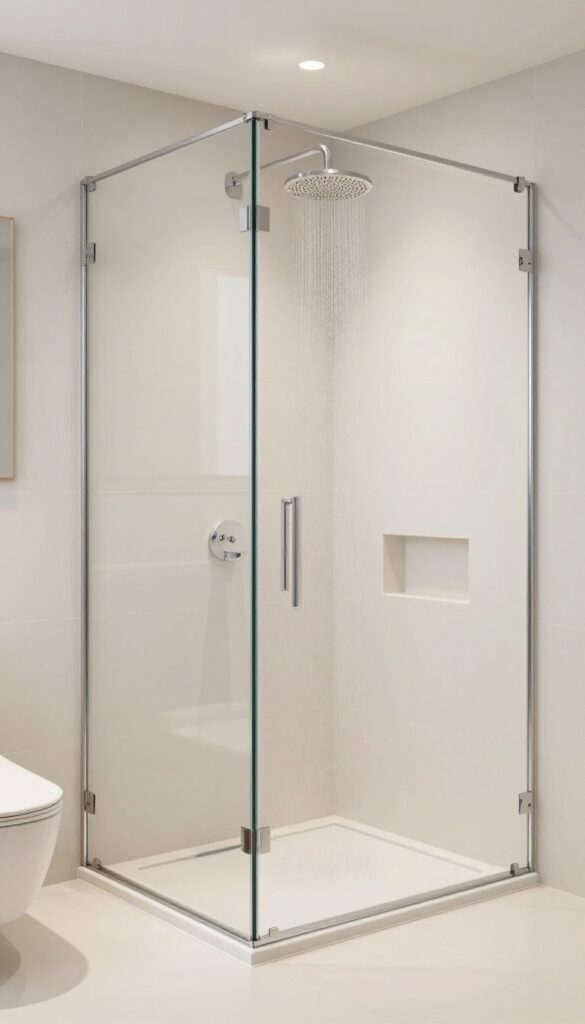 A small bathroom with a walk-in shower having a low threshold and seamless floor transition in bright natural light