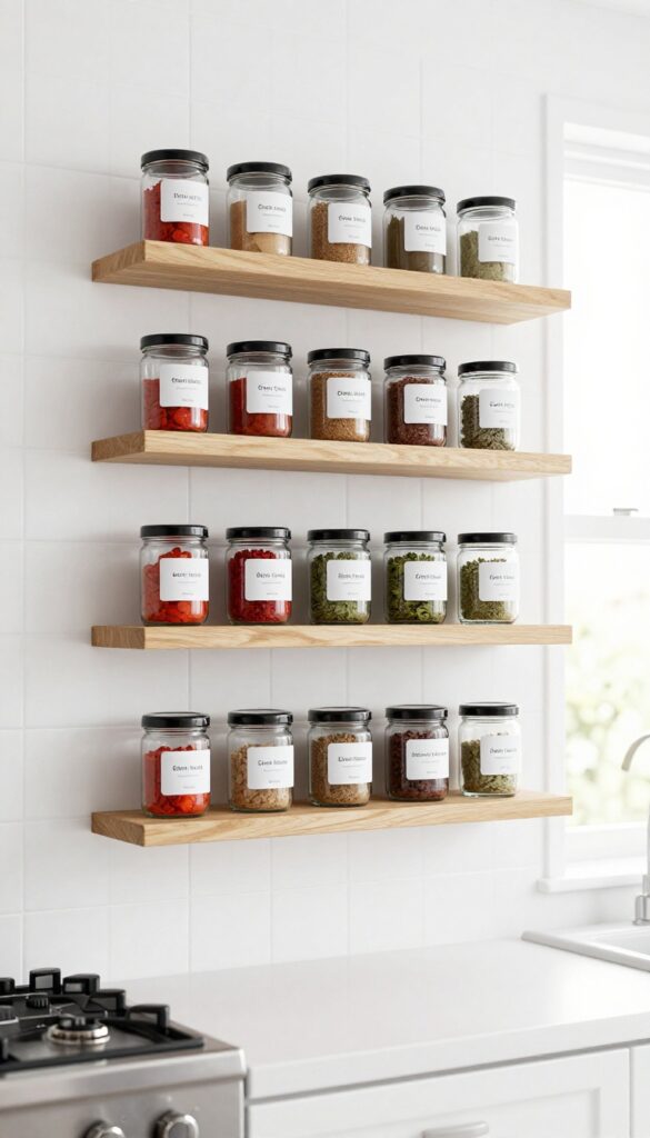 Wall-mounted narrow floating shelves with clear glass jars of spices near stove, bright natural light