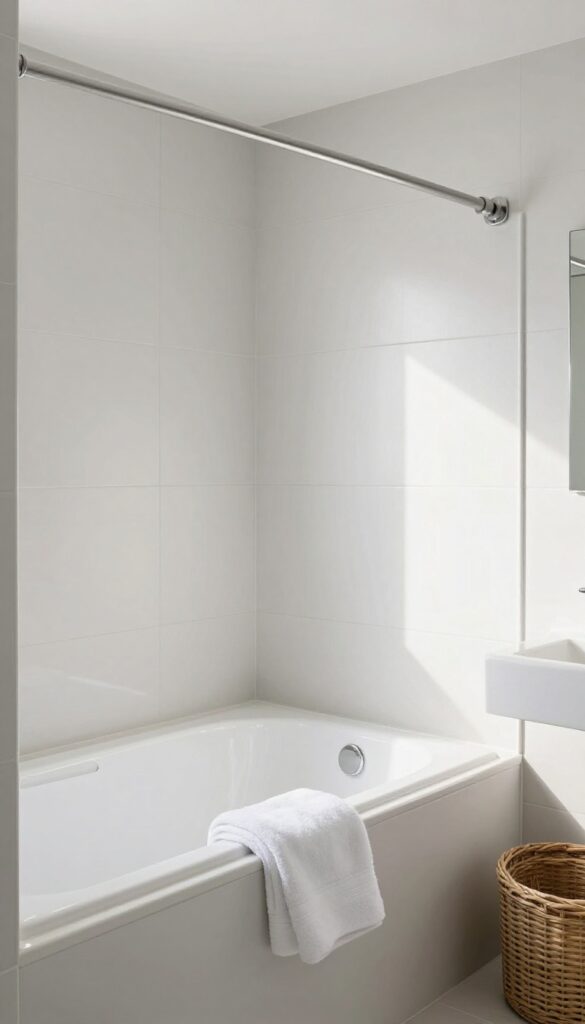 A small bathroom with a corner tub and curved shower rod in soft neutral tones, showcasing efficient use of space with bright lighting and cozy decor elements like towels and a basket.