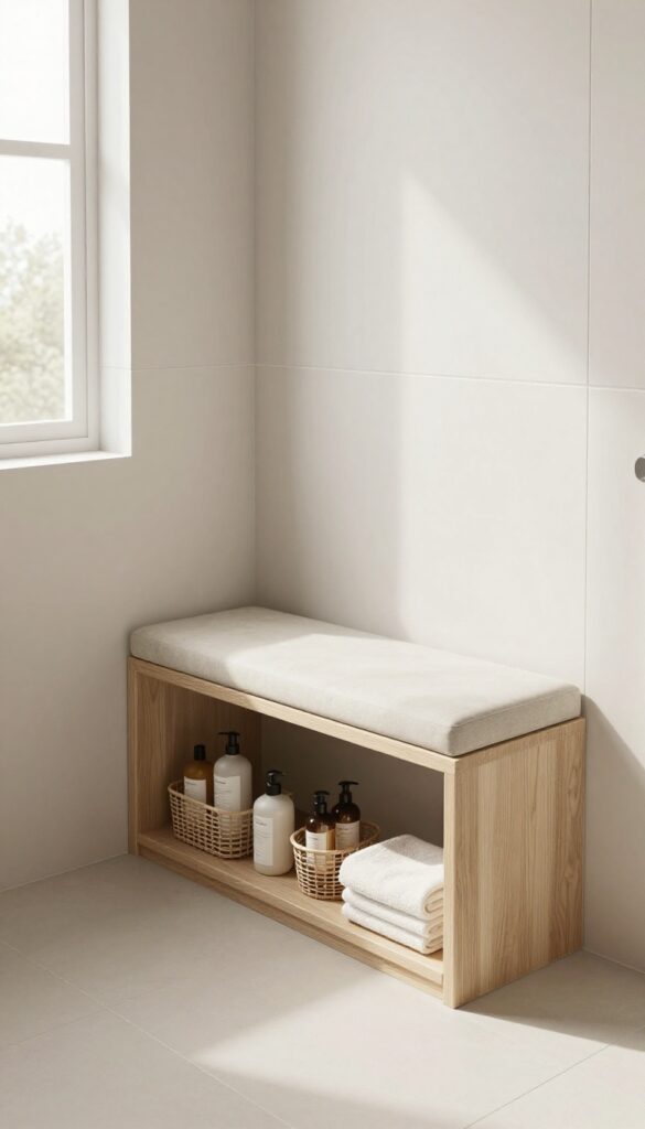 A built-in shower bench with hidden storage compartments in a bright, clean bathroom, showcasing dual functionality for seating and organization without visual clutter.