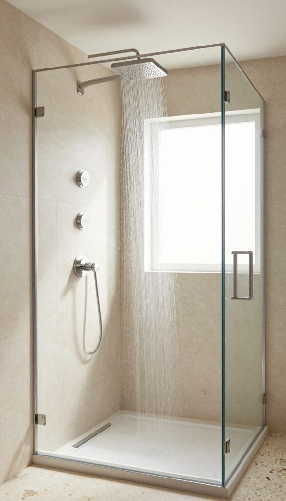 Luxurious walk-in shower with rainfall showerhead and body jets