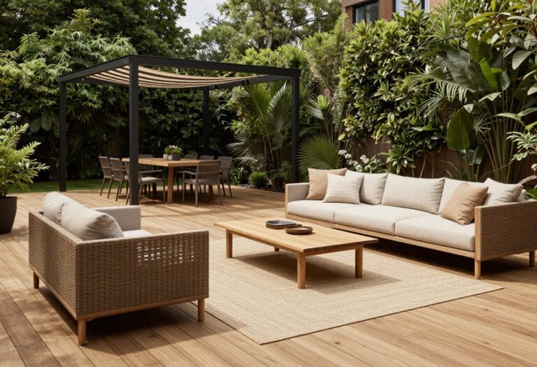 Large deck with defined lounge and dining zones under a pergola, decorated with outdoor furniture and greenery