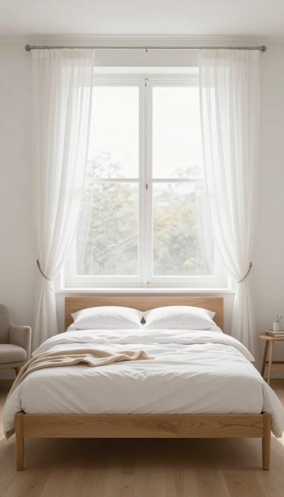 Bright bedroom with bed placed slightly off-center under a window, natural light, cozy armchair, minimalist decor.