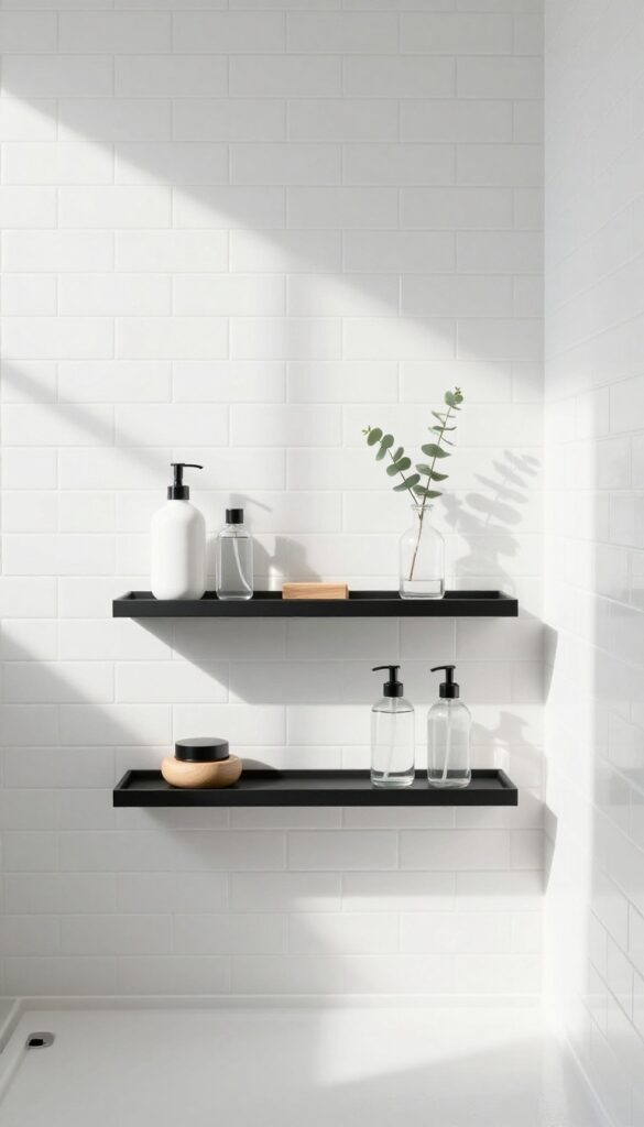 Matte black floating shelves in a white shower with glass bottles and eucalyptus