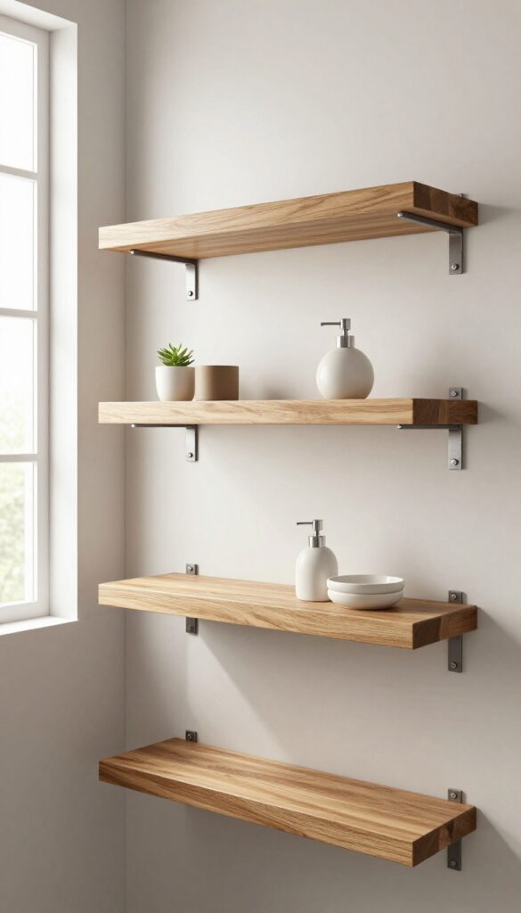 A bathroom with floating wooden shelves on industrial metal brackets, providing stylish storage in natural light.