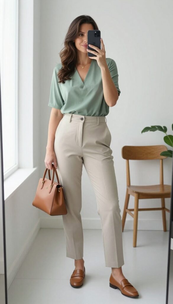 Midsize mom wearing a sage green wrap top and beige straight-leg trousers, with loafers and a structured bag, standing in a bright room.