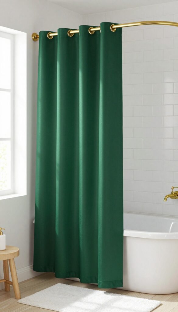Dark green shower curtain with gold grommets in a bright bathroom with white tiles and wood accents