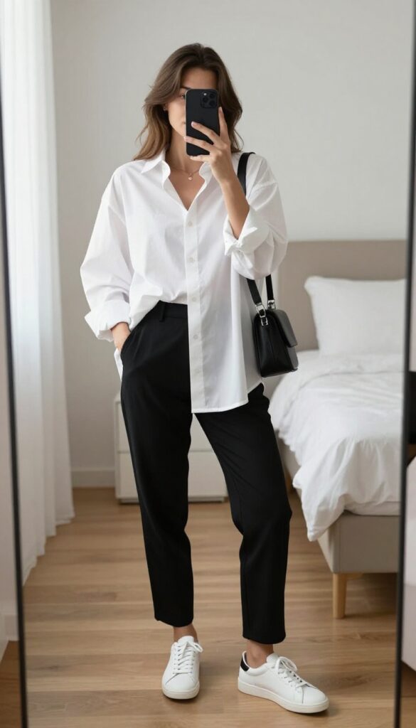 Woman taking a mirror selfie wearing an oversized white shirt half-tucked into straight-leg black pants and white sneakers, holding a phone in front of her face.
