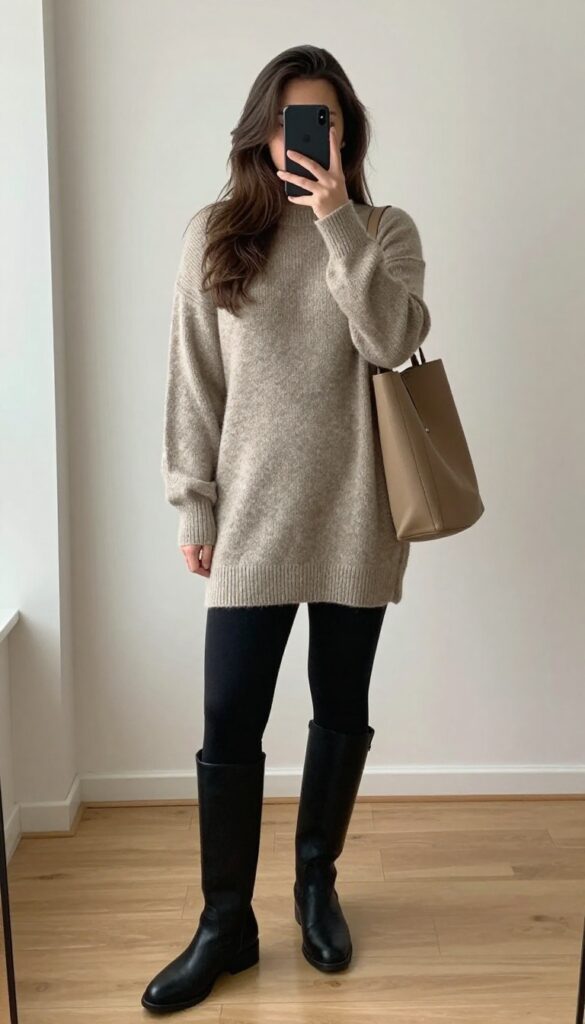 Plus-size woman in a neutral sweater dress and black leggings taking a mirror selfie, paired with knee-high boots and a cozy scarf.