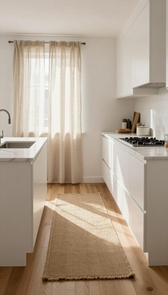 Bright kitchen with linen curtains and jute runner, soft textiles adding warmth