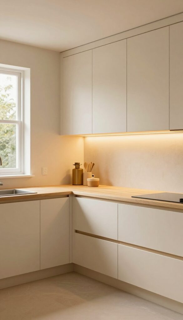 Warm under-cabinet lighting in a kitchen with cream cabinets and butcher block counters