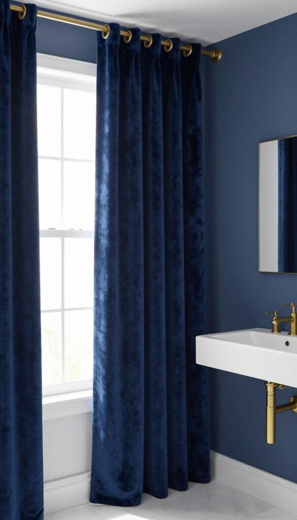 A tall navy velvet shower curtain against a matching wall in a bright bathroom with brass hooks and white fixtures, creating a monochromatic dark hue design for a spacious feel.