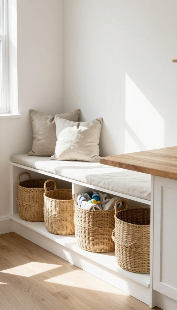 Kitchen banquette with under-seat woven baskets providing hidden storage, natural light, cozy rustic style.
