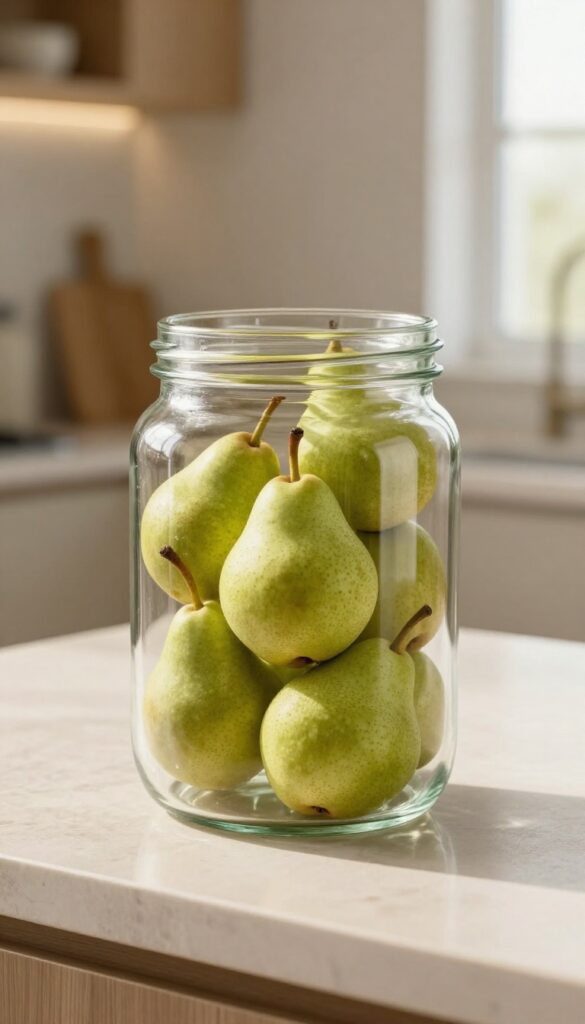 Clear glass jar filled with green pears on a kitchen countertop in natural light