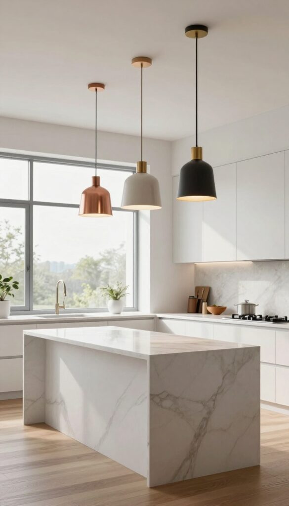 Cluster of mini pendants at varying heights over a modern kitchen island, mixing copper, white, brass, and black finishes.