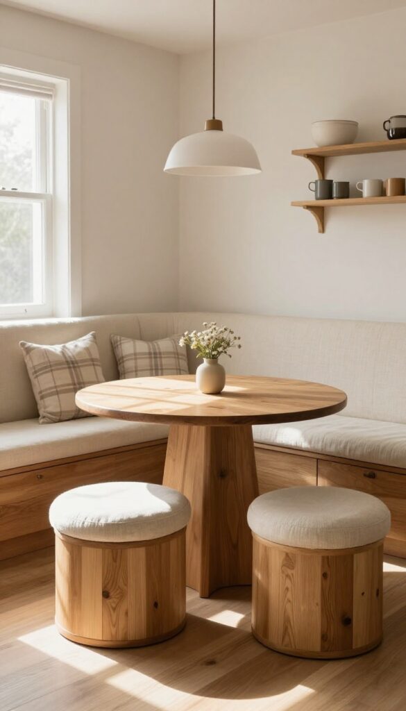 Cozy kitchen banquette with storage in a bright corner