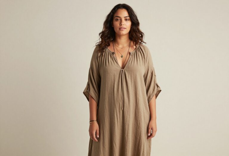 A woman in a casual boho outfit featuring a flowy maxi dress with layered jewelry, demonstrating effortless style for a fashion blog editorial image.