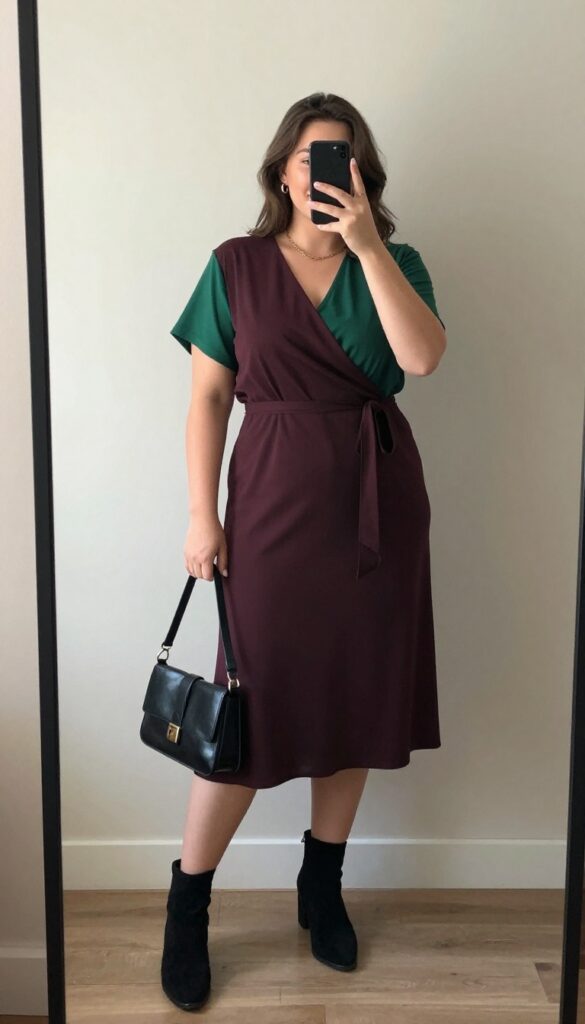 Plus-size woman in a jewel-toned wrap dress and black heeled boots taking a mirror selfie, partially hiding her face with her phone. The outfit is stylish and wearable for a night out.