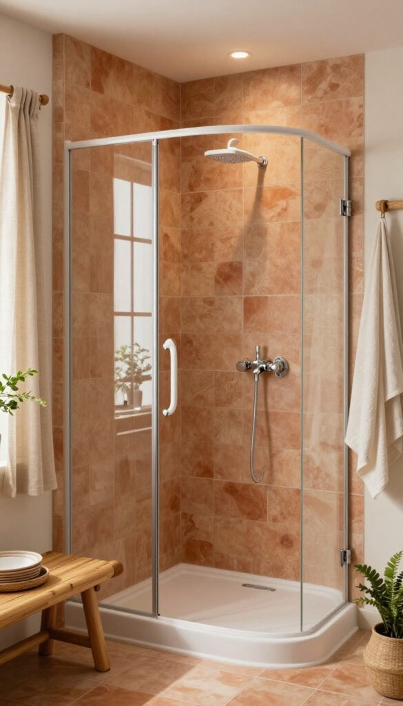Knee wall shower with terracotta tiles, wood accents, and plants in a bright bathroom