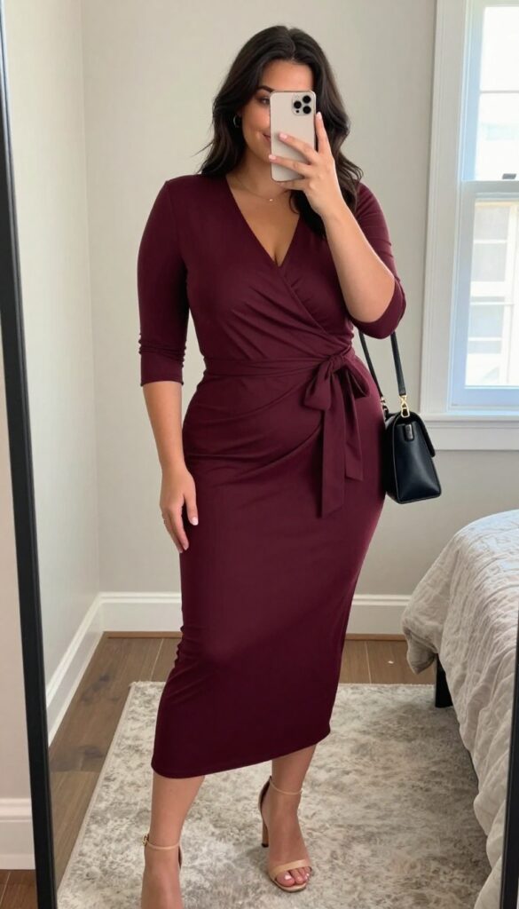 Plus-size woman in a wine wrap dress and nude heeled sandals taking a mirror selfie, showcasing a date-night outfit.