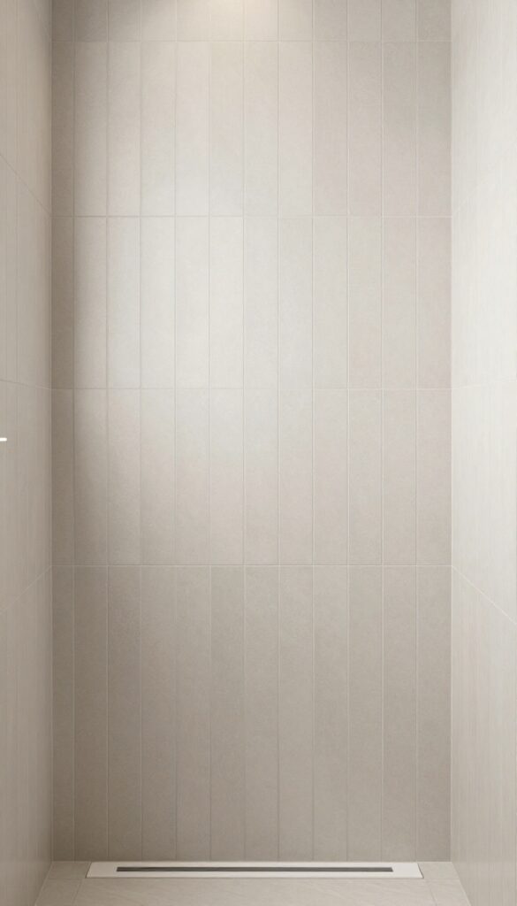 Vertical stacked tile installation in a walk-in shower with clean lines and modern design, emphasizing height and minimalist aesthetics.