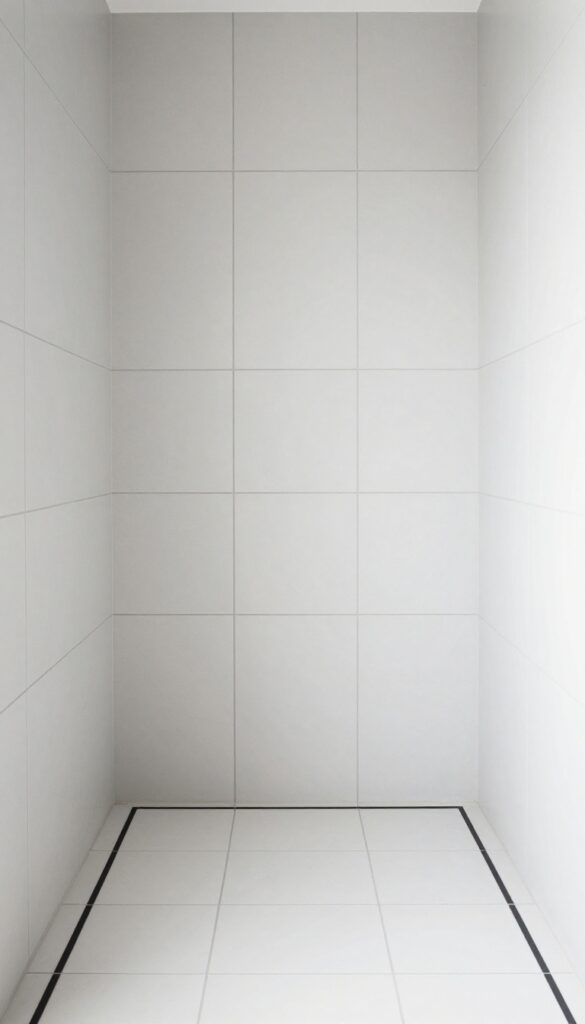 A photorealistic shower with white or light gray tiles and thin black accent stripes defining niches and borders in bright natural light.