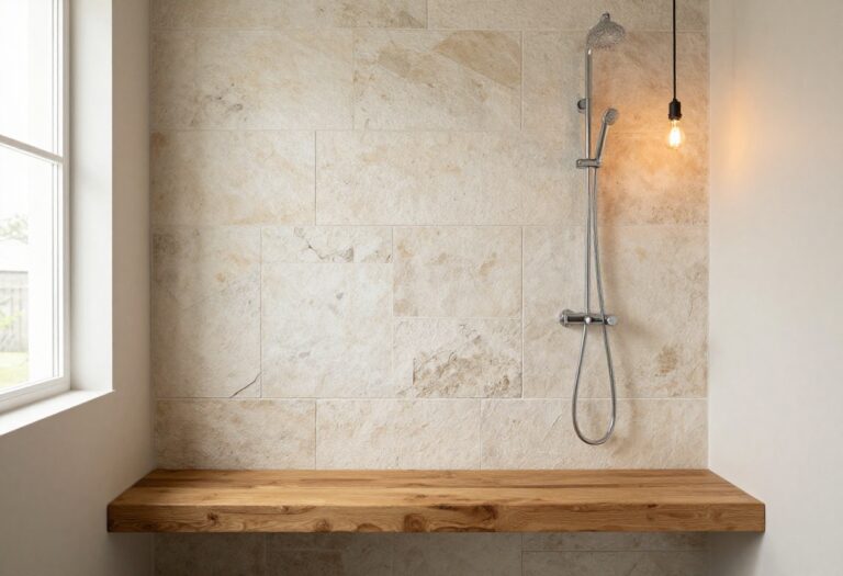 Farmhouse bathroom shower with stone tiles, wood accents, and warm lighting, creating a cozy and inviting atmosphere.