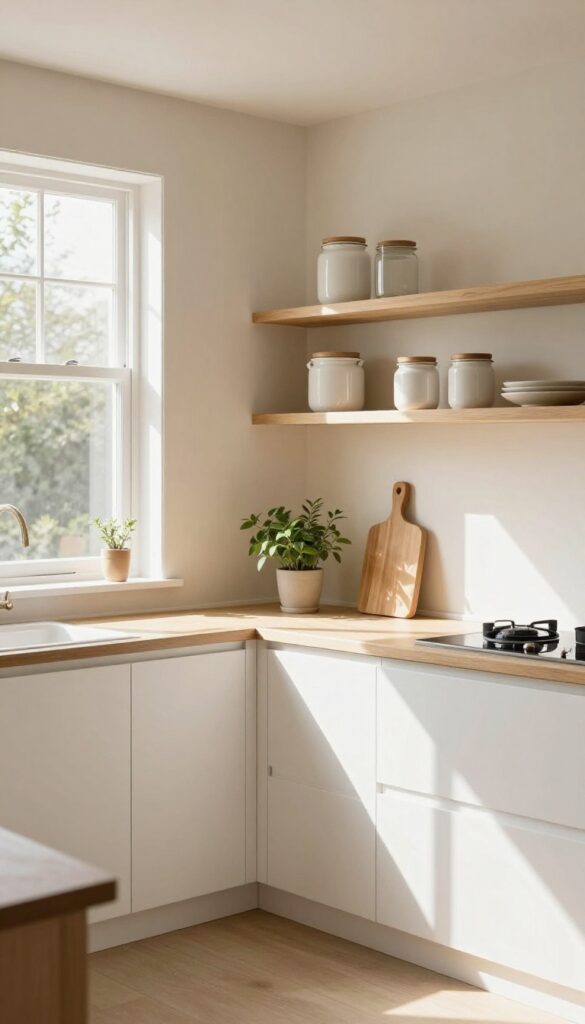 Warm beige kitchen walls with white trim, open shelving with wooden cutting boards and ceramic jars, sunlight streaming in.
