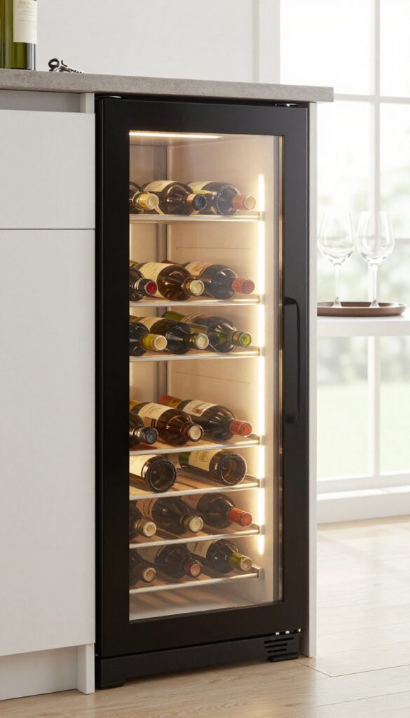 Under-counter wine fridge with countertop serving station in a bright kitchen