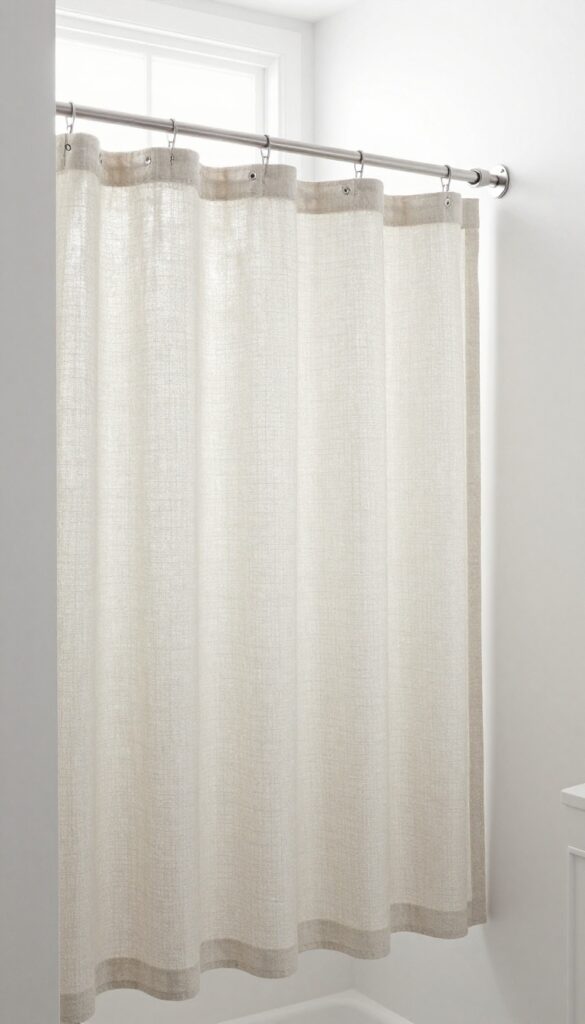 A minimalist bathroom with a floating shower curtain rod and neutral linen curtain in bright natural light.