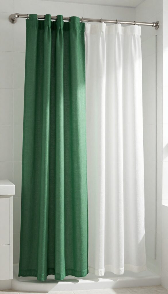 Bright bathroom with layered dark green and sheer white shower curtains, sunlight creating soft green glow.