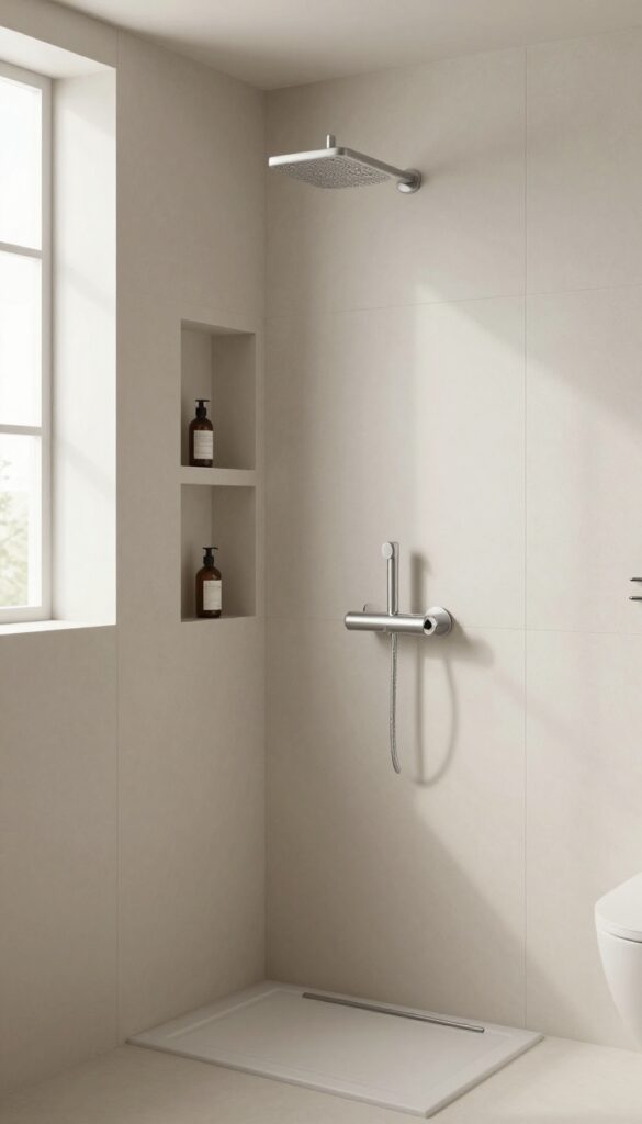 A steam shower with built-in niches for storage, featuring seamless tile design and minimal toiletries in bright natural light.