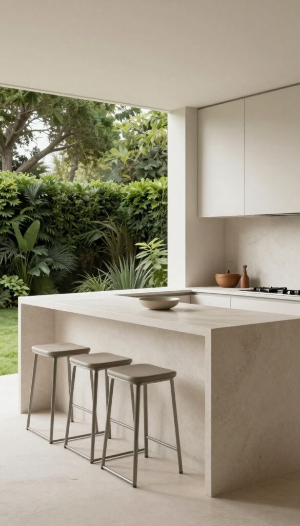 Modern backyard kitchen with bar counter and stools in bright natural light