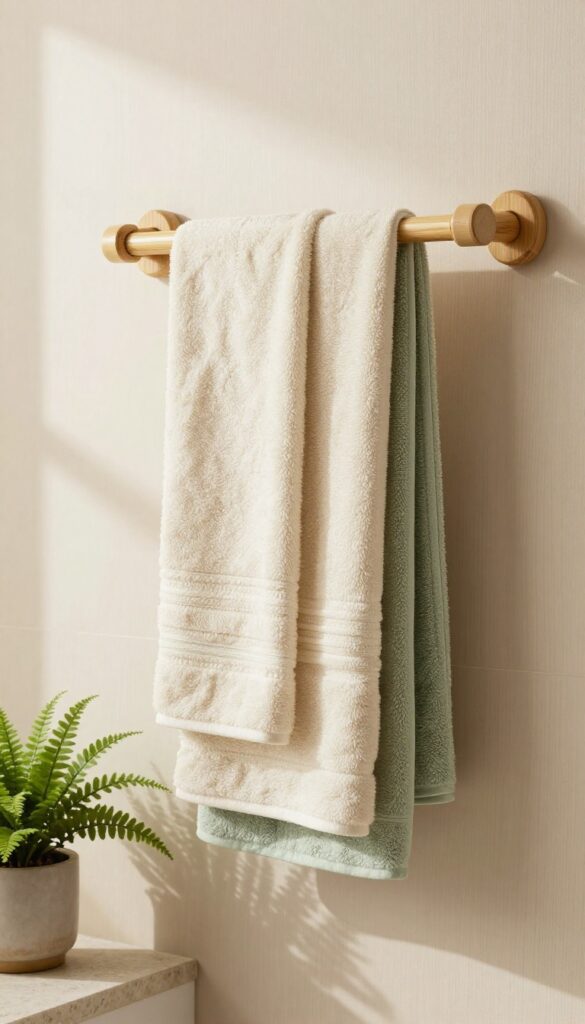 A bamboo towel rack in a bright bathroom with neutral towels and plants, creating an eco-friendly, spa-like storage solution.