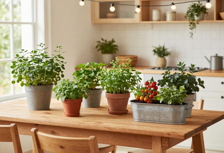 Backyard kitchen garden with potted herbs, galvanized tub planter, and string lights