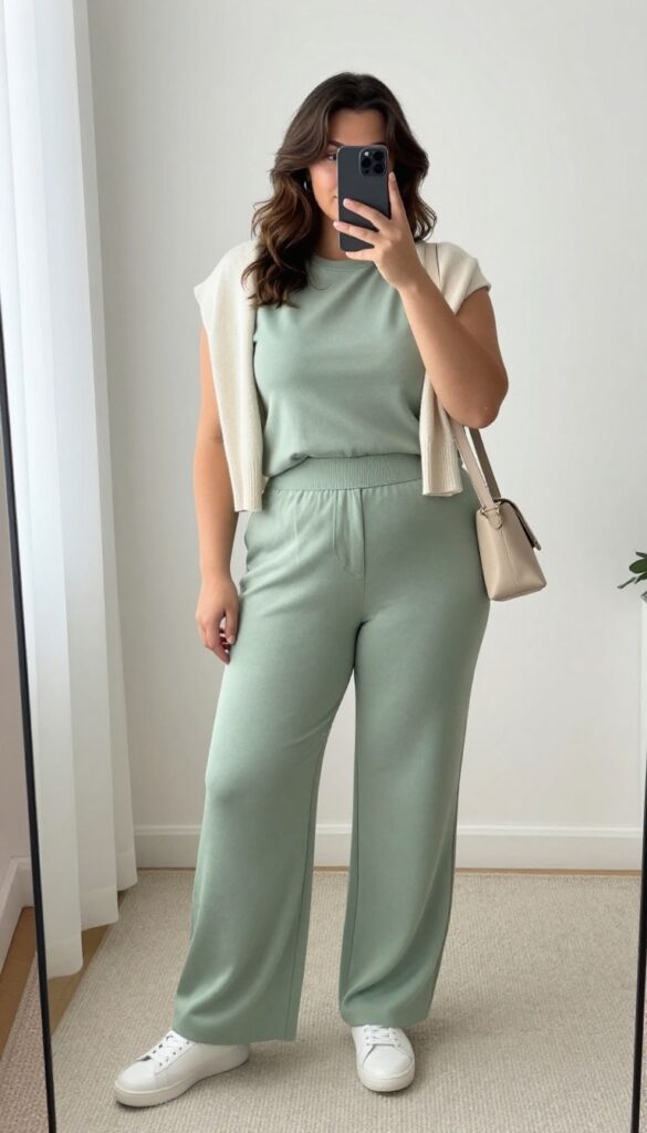 Plus-size woman in a matching sage green co-ord set taking a mirror selfie, wearing white sneakers and a small beige bag.