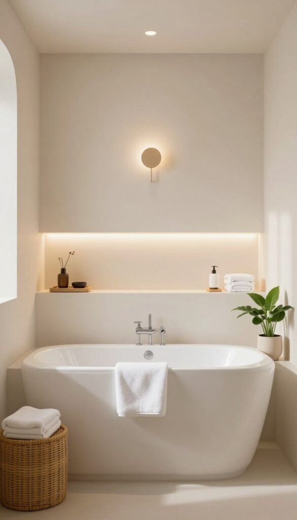A serene Zen spa bathroom with soft layered lighting from wall sconces and under-cabinet LEDs in warm tones.