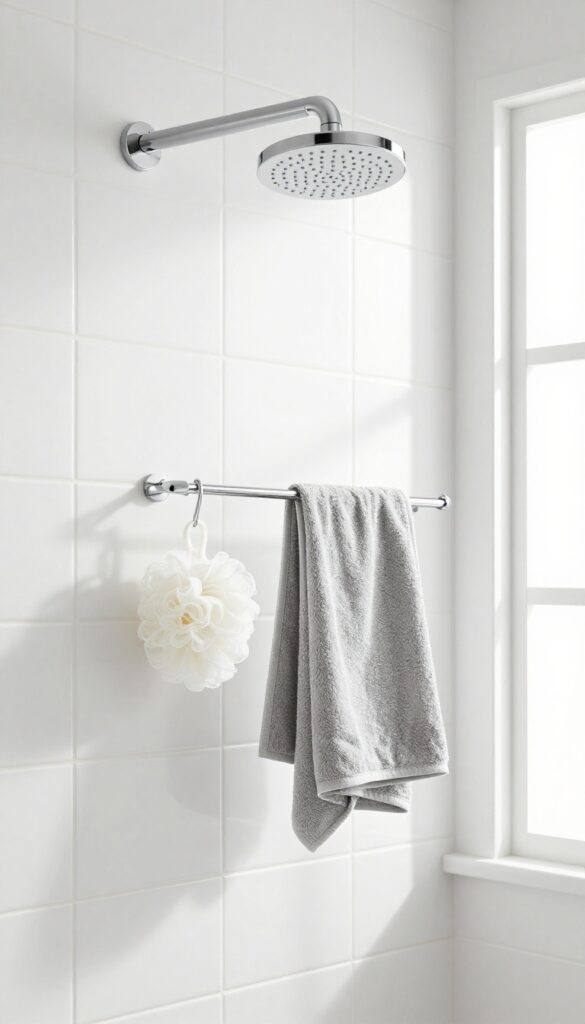 Over-the-showerhead hanger with loofah and washcloth in a bright, clean bathroom