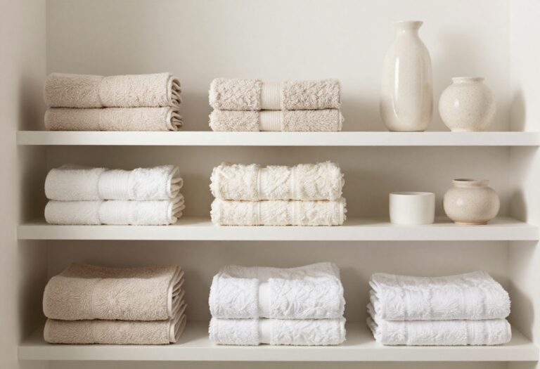 A styled bathroom shelf with folded towels and decorative items in natural light