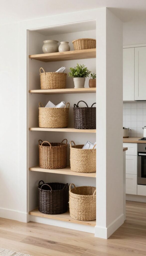 Open shelving with woven baskets on a kitchen pass-through for hidden storage