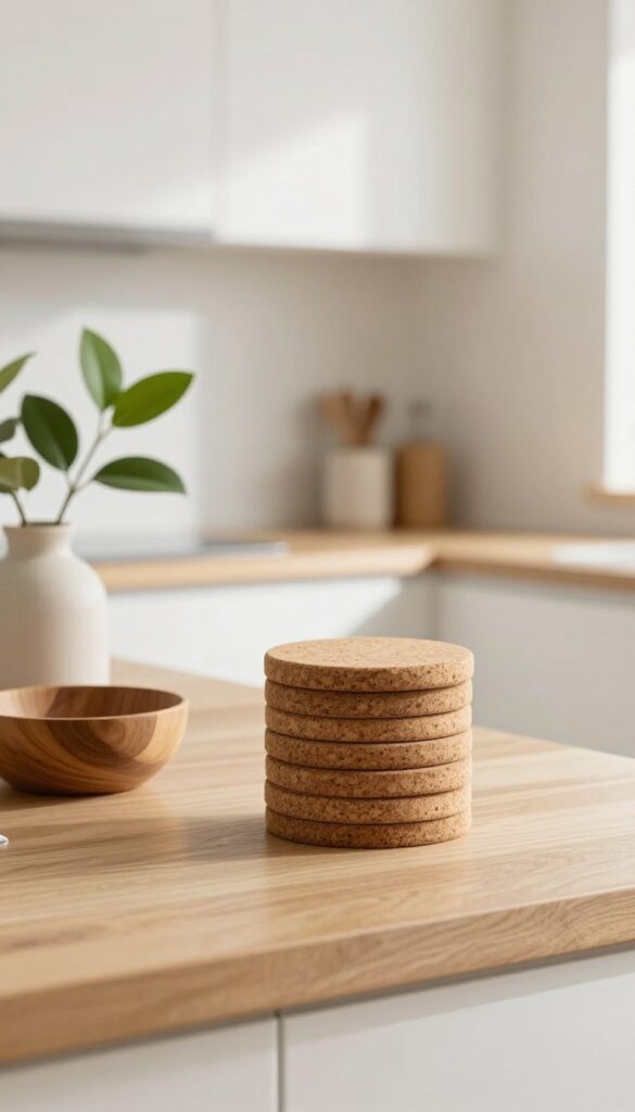 A stack of natural cork coasters on a kitchen island with a wooden bowl and single stem vase