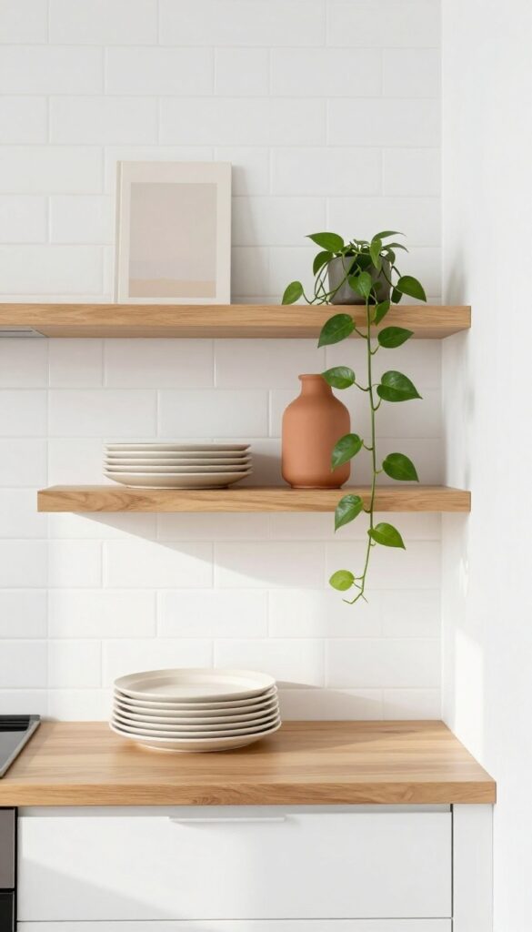 Open shelves with curated ceramics, cookbook, and trailing plant in bright kitchen