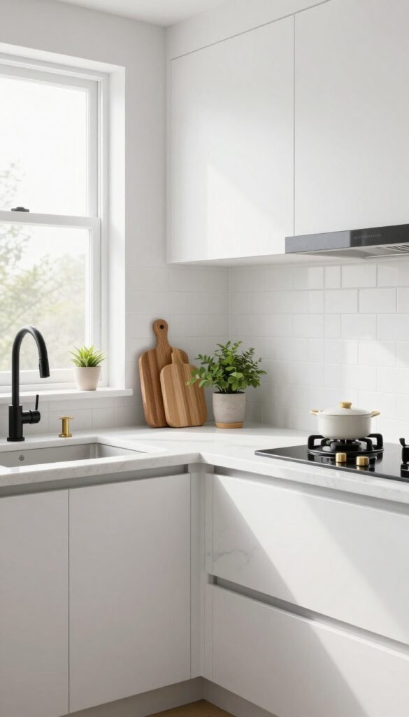 Modern kitchen with white quartz countertops, matte black faucet, brushed brass hardware, white subway tile backsplash, wooden cutting board, and small plant.