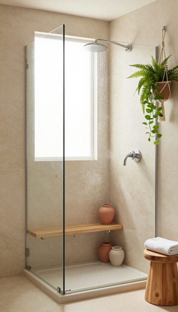 Walk-in spa shower with lush green plants on shelves and hanging baskets, creating a fresh natural retreat.