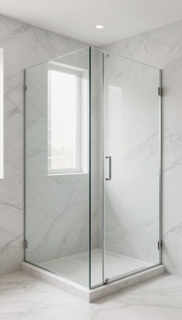A marble walk-in shower with a minimally framed glass enclosure in bright natural light, showcasing classic luxury and an open, spacious feel.